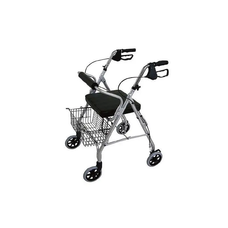 Andador con 4 ruedas de 15cm plateado con asiento, canastilla, frenos, altura regulable - AMC