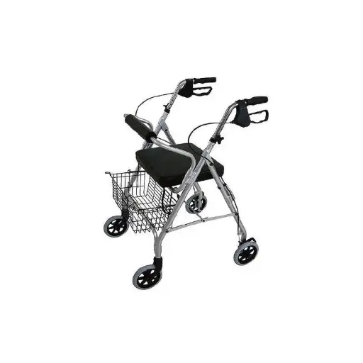 Andador con 4 ruedas de 15cm plateado con asiento, canastilla, frenos, altura regulable - AMC